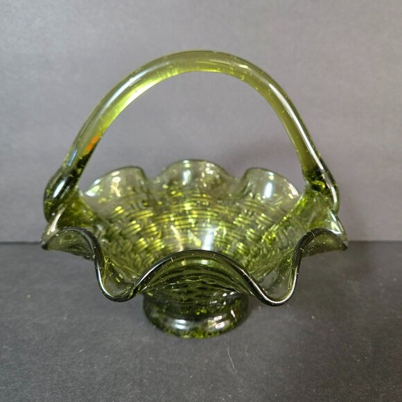 Vintage MCM Green Art Glass Basket Weave Pattern Design & Ruffled Edge *READ* - Picture 3 of 11